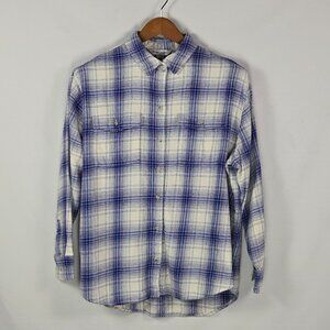 Old Navy Boyfriend Shirt L Blue White Plaid 100%‎ Cotton Flannel Oversized Fit